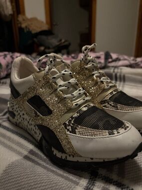 Steve Madden Gold Glitter & Black Snake-Print Sneakers